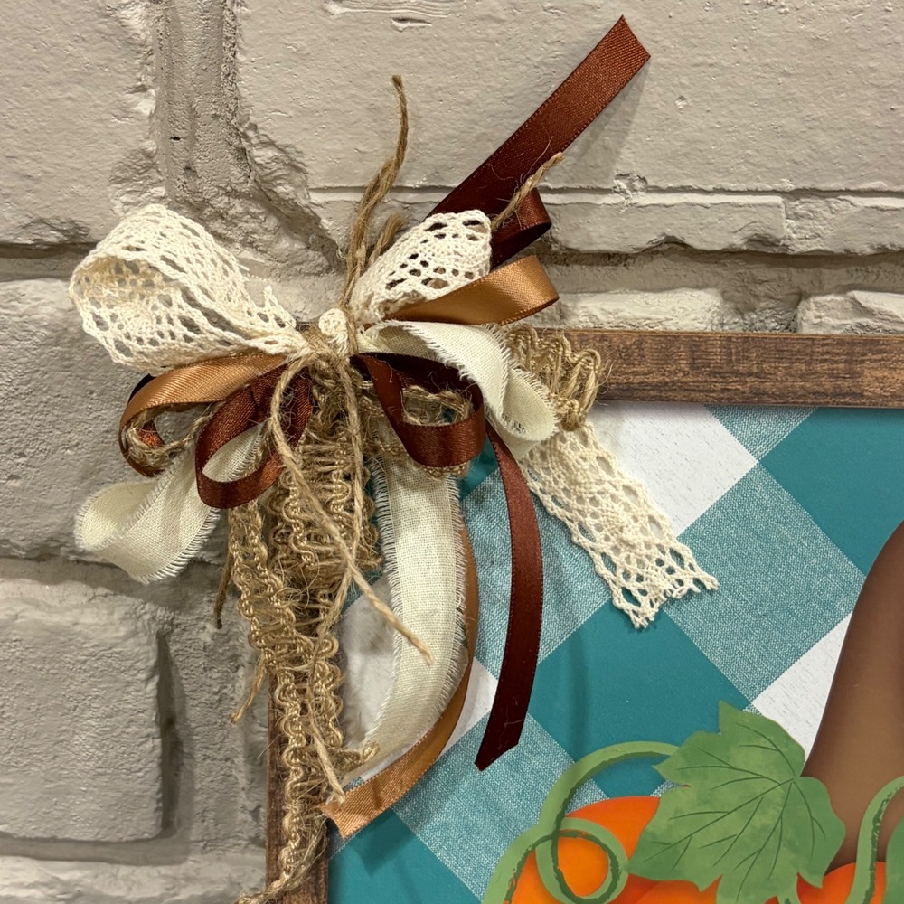 Fall Pumpkin Teal Buffalo Plaid Wall Sign Rustic Faux Wood Frame Decor Bow - Picture 3 of 4